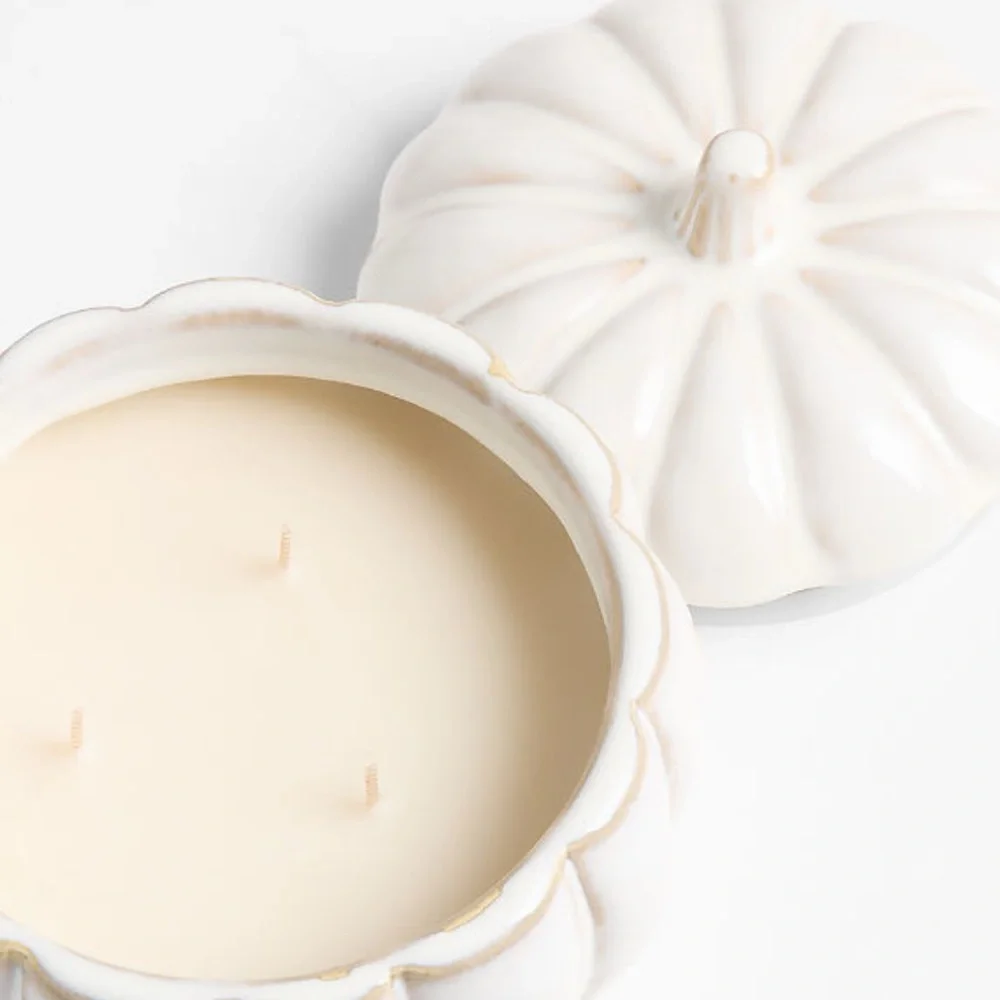 New! Crate&Barrel White Ceramic Pumpkin Jar 3-Wicks Candle